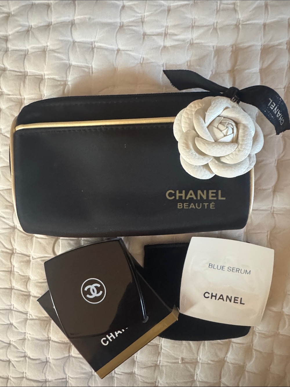CHANEL Black and Gold Beauté Cosmetic Pouch with Camellia Accent & CHANEL mirror